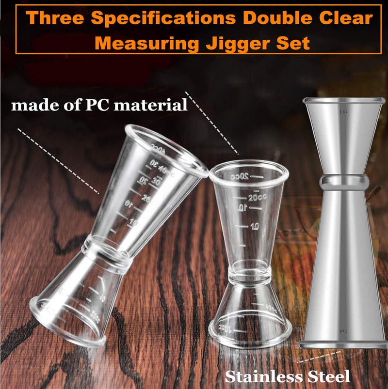LINALL Double Clear Plastic and Stainless Steel Japanese Style Jigger Cocktail Measuring Shot Glasses Drink Spirit Measure Cup for Bar Party Kitchen Tool Set of 3 - Image 2